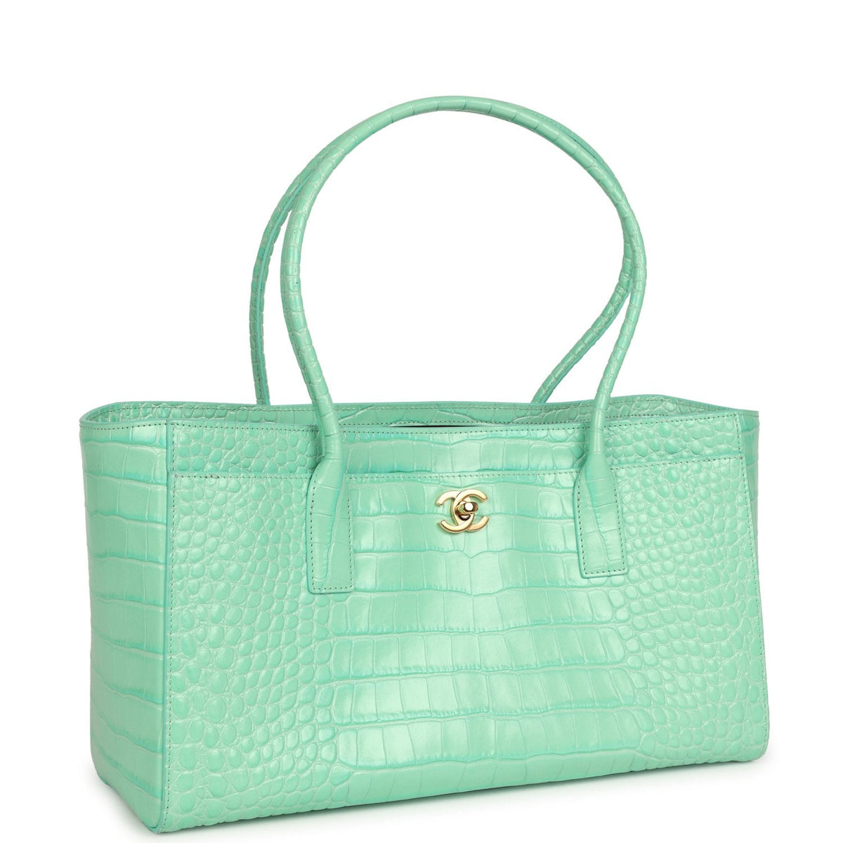 Chanel Small Cerf Shopping Bag Teal Croc Embossed Calfskin Gold Hardware