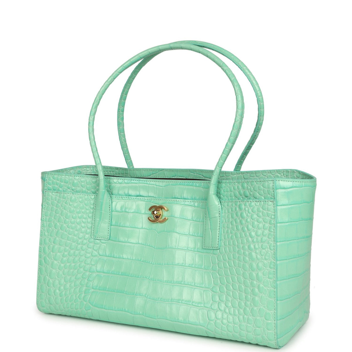 Chanel Small Cerf Shopping Bag Teal Croc Embossed Calfskin Gold Hardware