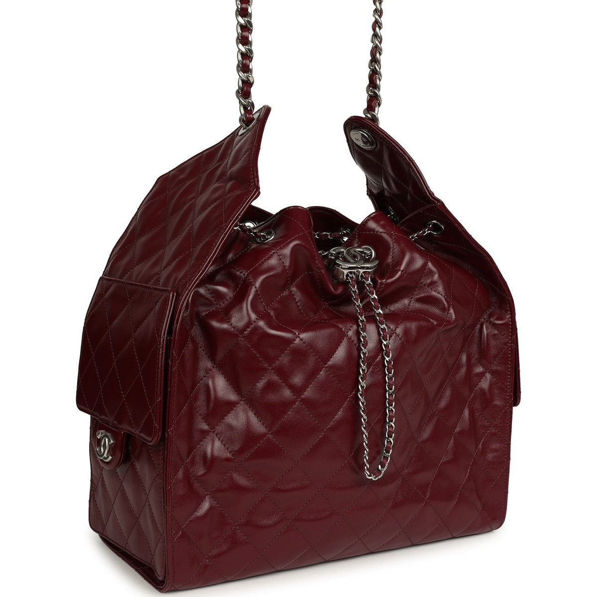 Chanel Medium 25 Hobo Bag Dark Burgundy Shiny Crumpled Calfskin Silver Hardware