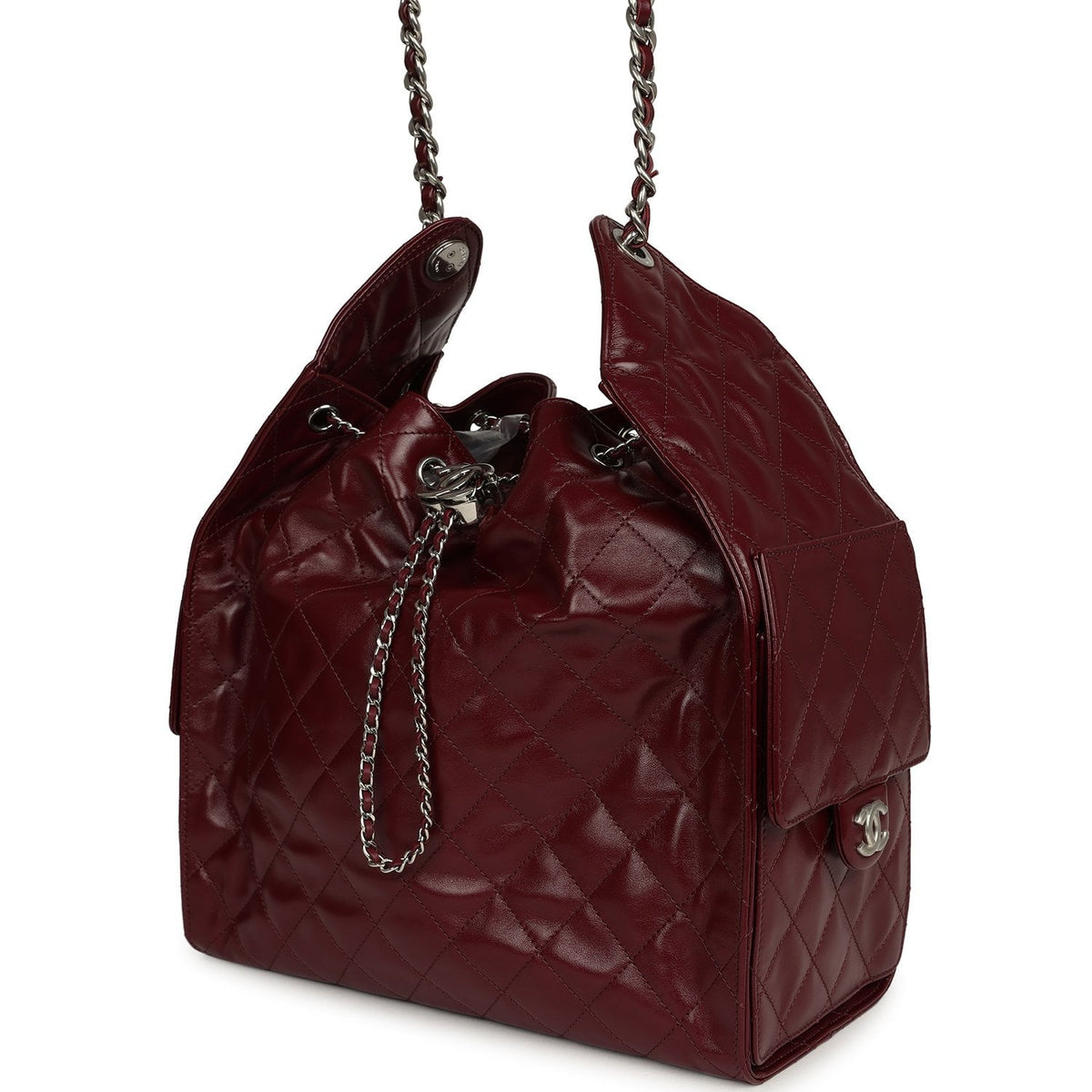Chanel Medium 25 Hobo Bag Dark Burgundy Shiny Crumpled Calfskin Silver Hardware