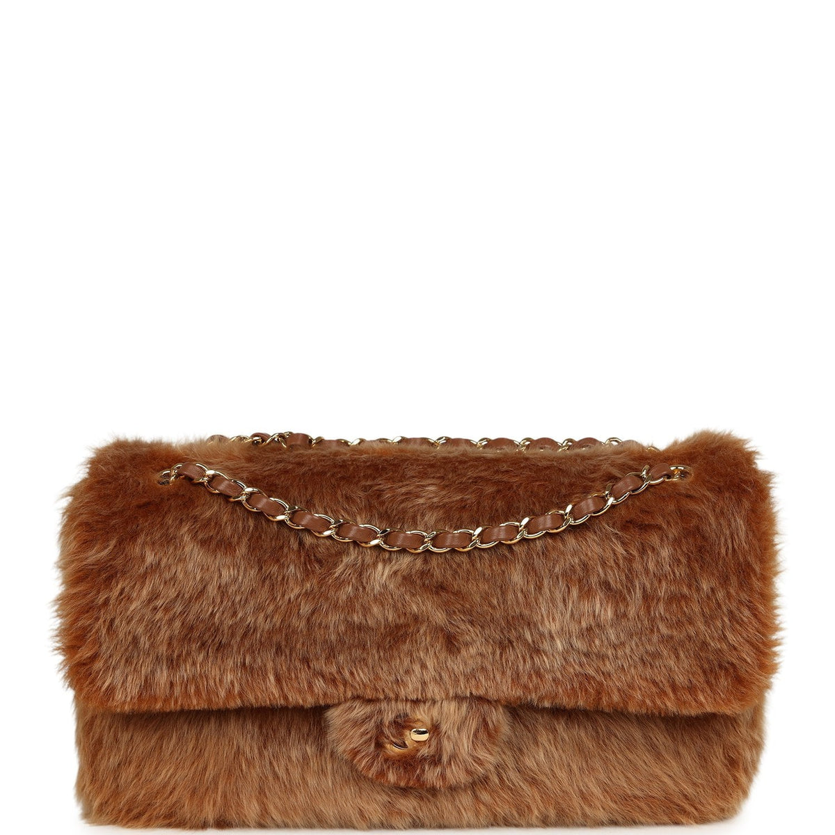Chanel Maxi "Souplissimo" Small Flap Bag Brown Shearling Lambskin Gold Hardware