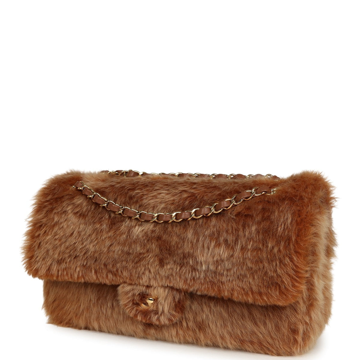 Chanel Maxi "Souplissimo" Small Flap Bag Brown Shearling Lambskin Gold Hardware