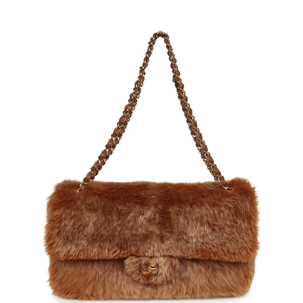 Chanel Maxi "Souplissimo" Small Flap Bag Brown Shearling Lambskin Gold Hardware