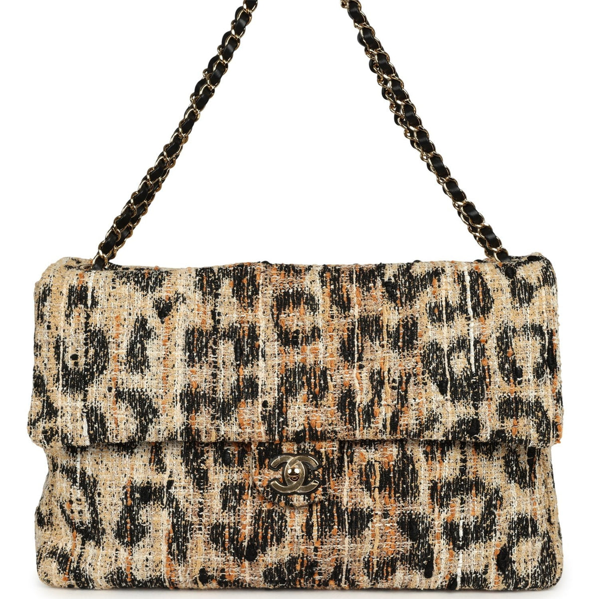 Chanel Maxi Leopard Print "Souplissimo" Large Flap Bag Brown, Black, White Tweed, Mixed Fibers Gold Hardware