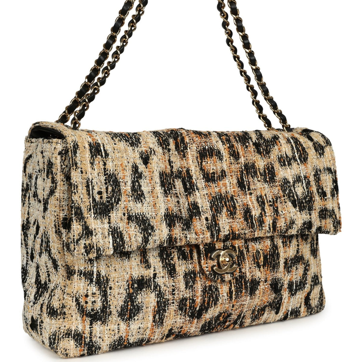 Chanel Maxi Leopard Print "Souplissimo" Large Flap Bag Brown, Black, White Tweed, Mixed Fibers Gold Hardware