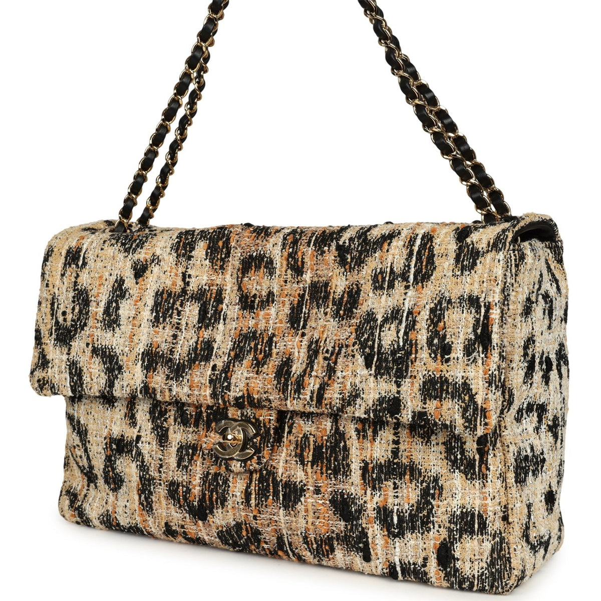 Chanel Maxi Leopard Print "Souplissimo" Large Flap Bag Brown, Black, White Tweed, Mixed Fibers Gold Hardware