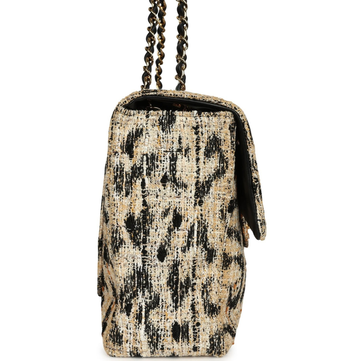 Chanel Maxi Leopard Print "Souplissimo" Large Flap Bag Brown, Black, White Tweed, Mixed Fibers Gold Hardware