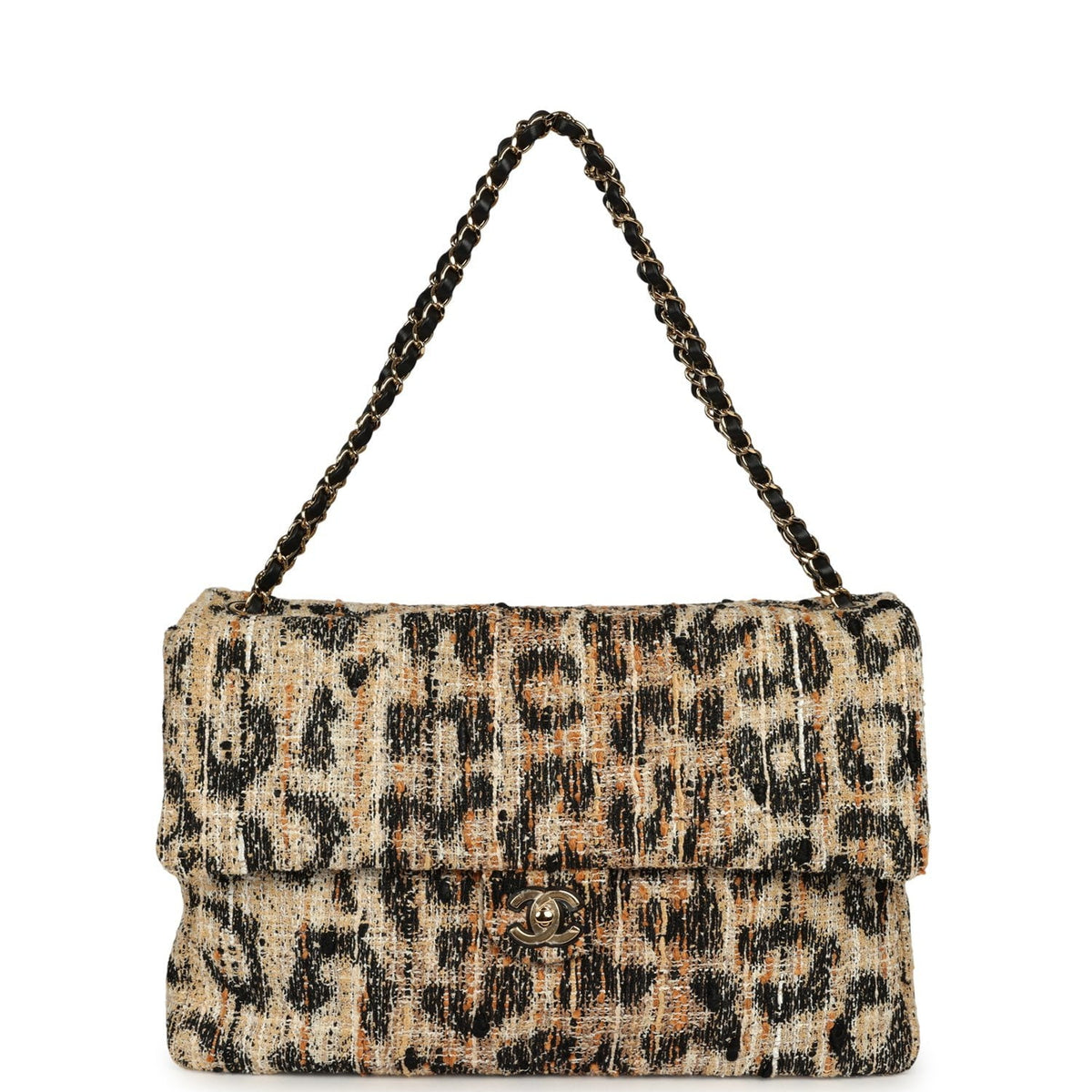 Chanel Maxi Leopard Print "Souplissimo" Large Flap Bag Brown, Black, White Tweed, Mixed Fibers Gold Hardware
