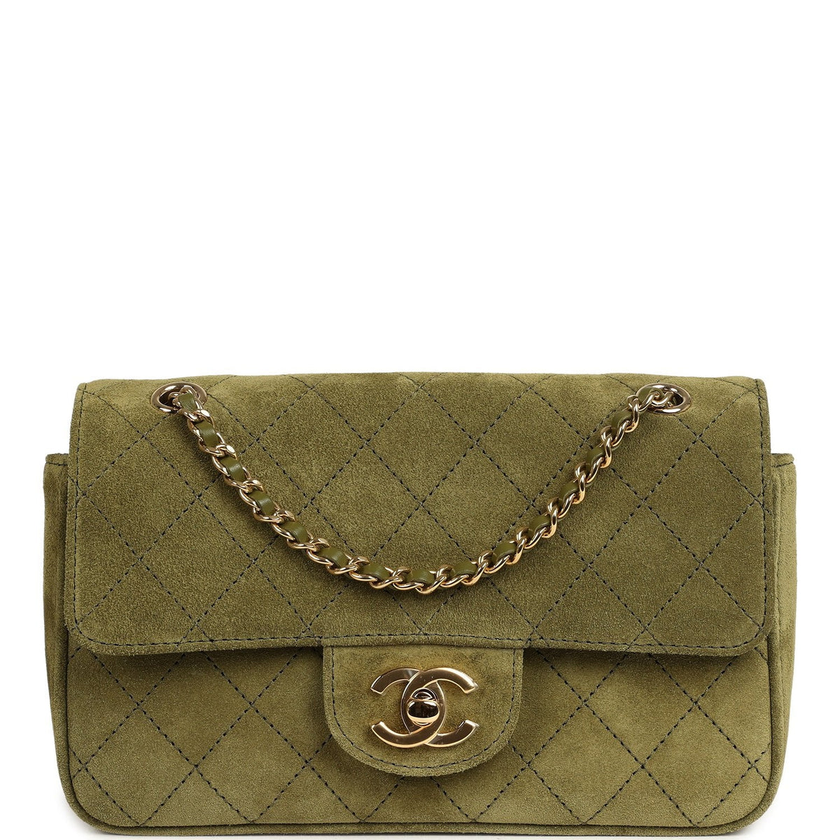 Chanel Mini "Souplissimo" Flap Bag Khaki Suede Gold Hardware