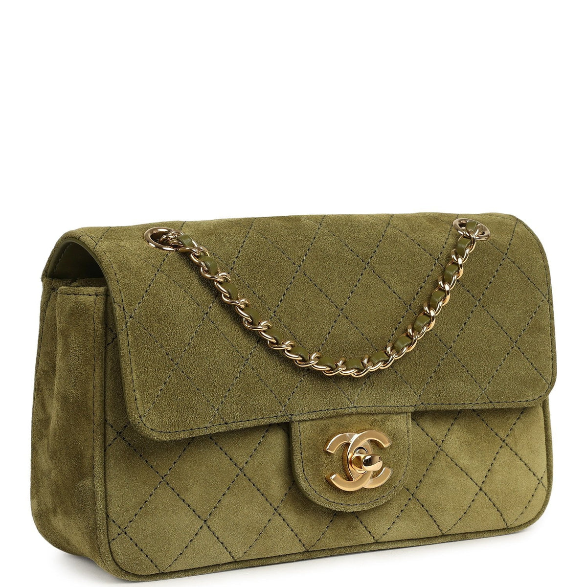 Chanel Mini "Souplissimo" Flap Bag Khaki Suede Gold Hardware