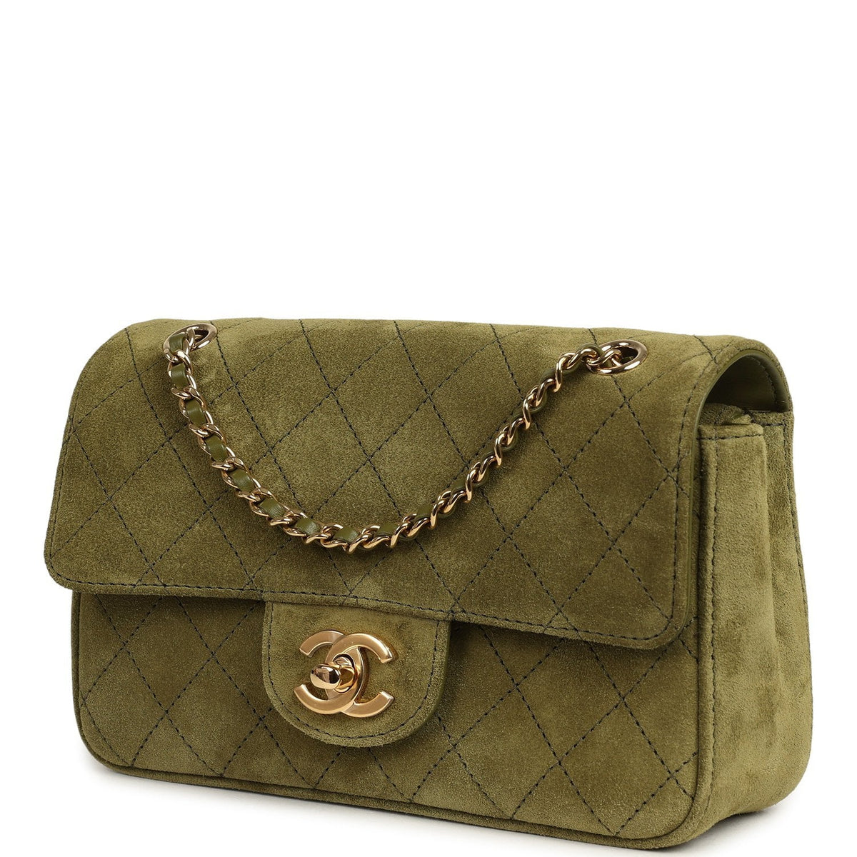 Chanel Mini "Souplissimo" Flap Bag Khaki Suede Gold Hardware