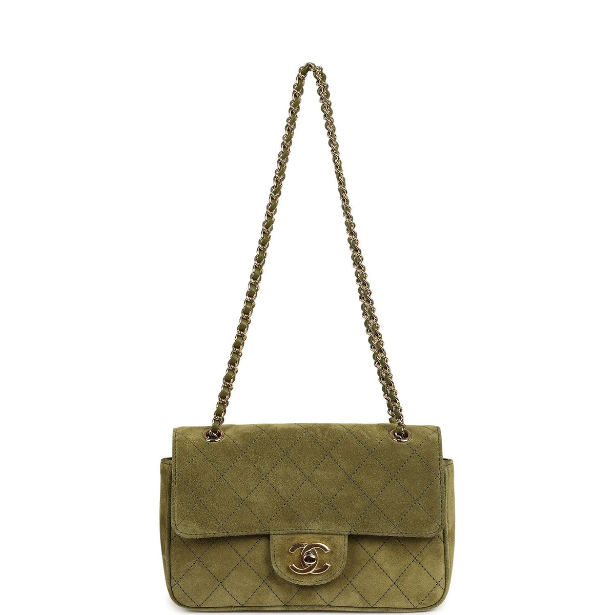 Chanel Mini "Souplissimo" Flap Bag Khaki Suede Gold Hardware