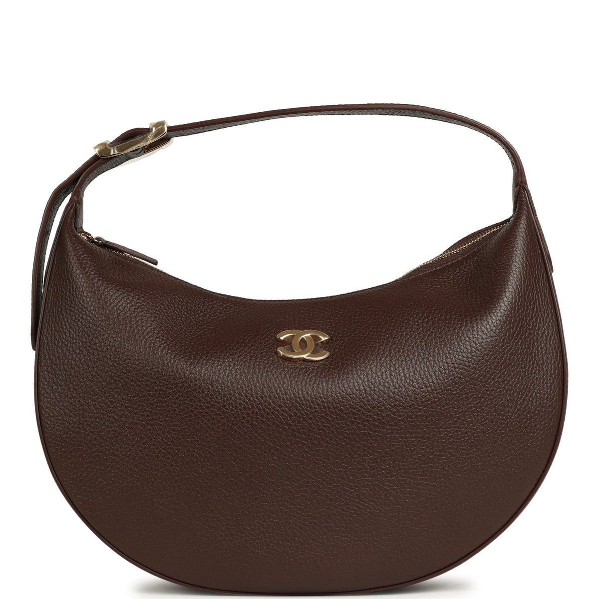 Chanel Round Top Handle Hobo Bag Dark Brown Grained Calfskin Gold Hardware