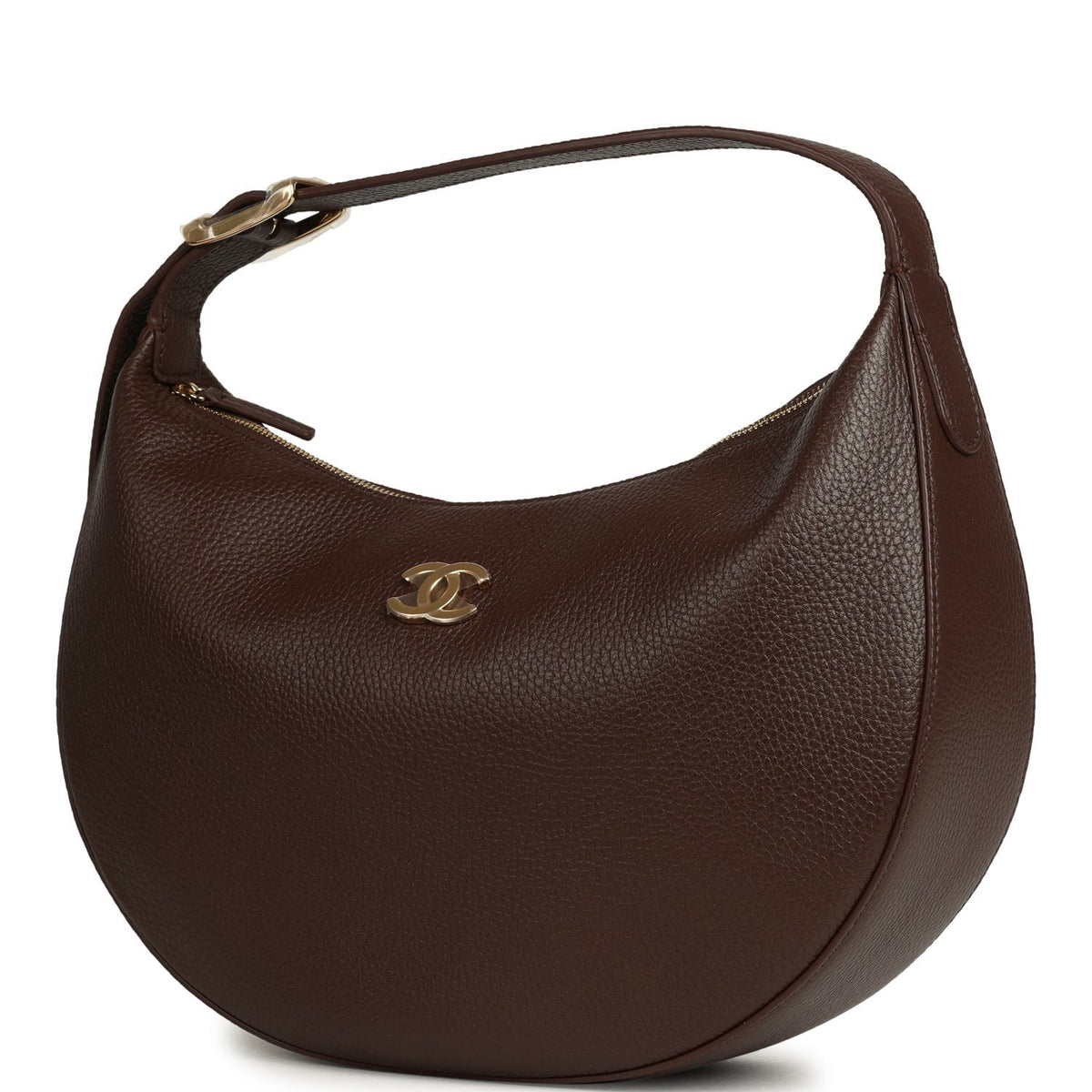 Chanel Round Top Handle Hobo Bag Dark Brown Grained Calfskin Gold Hardware