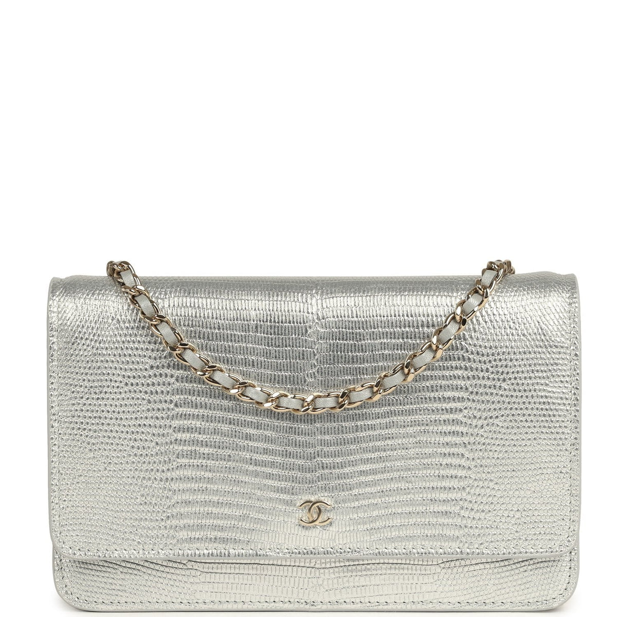 Chanel Wallet On Chain WOC Silver Metallic Lizard Embossed Calfskin Light Gold Hardware