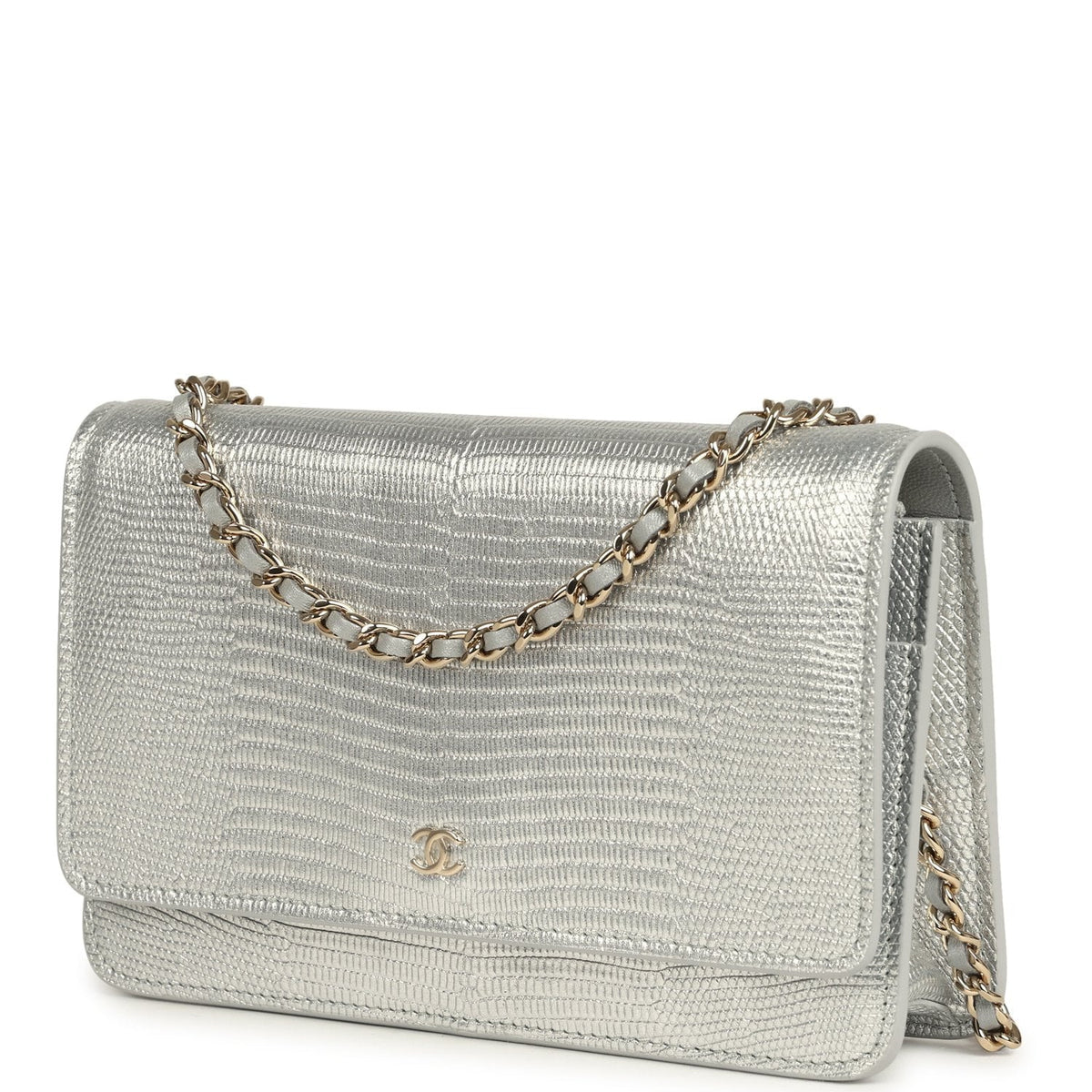 Chanel Wallet On Chain WOC Silver Metallic Lizard Embossed Calfskin Light Gold Hardware