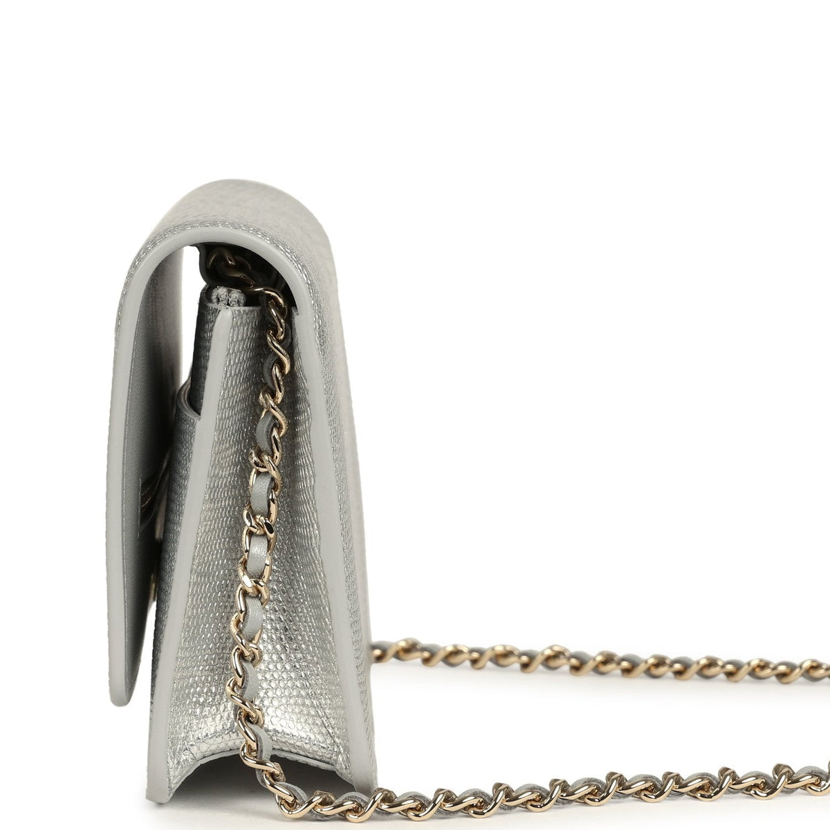 Chanel Wallet On Chain WOC Silver Metallic Lizard Embossed Calfskin Light Gold Hardware