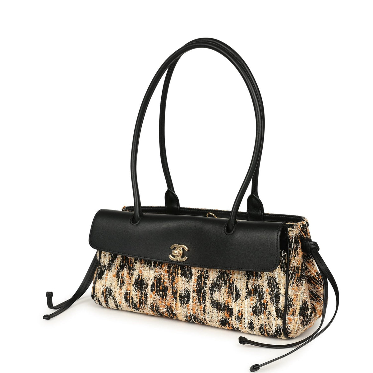 Chanel Small Leopard Print "Urban Essential" East West Shopping Tote Black Calfskin, Brown, Black, White Tweed, Mixed Fibers Gold Hardware