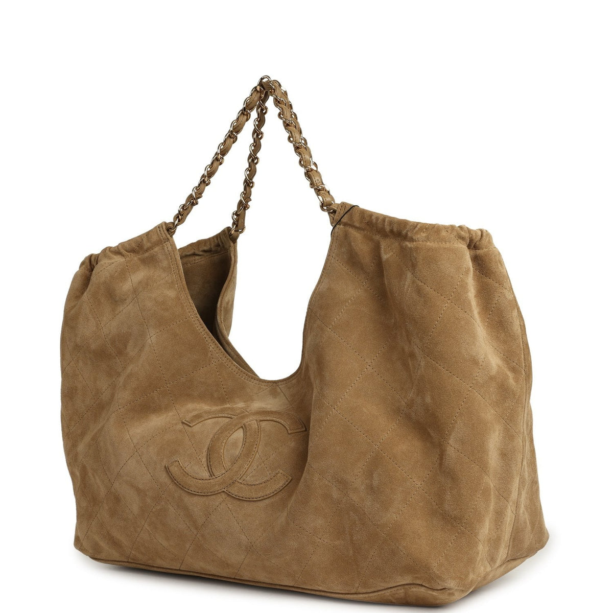 Chanel Maxi CC Cabas Hobo Bag Dark Beige Suede Gold Hardware