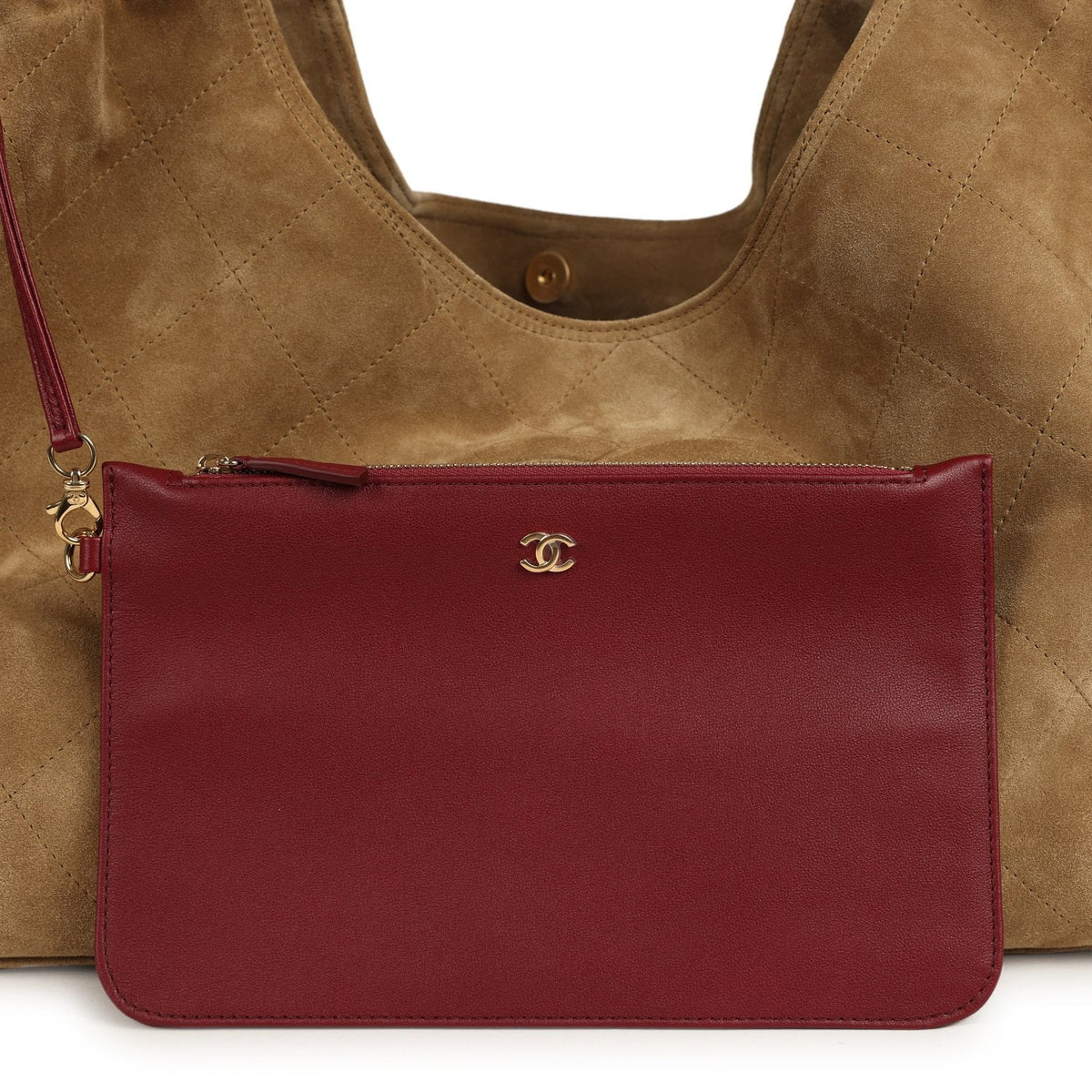 Chanel Maxi CC Cabas Hobo Bag Dark Beige Suede Gold Hardware