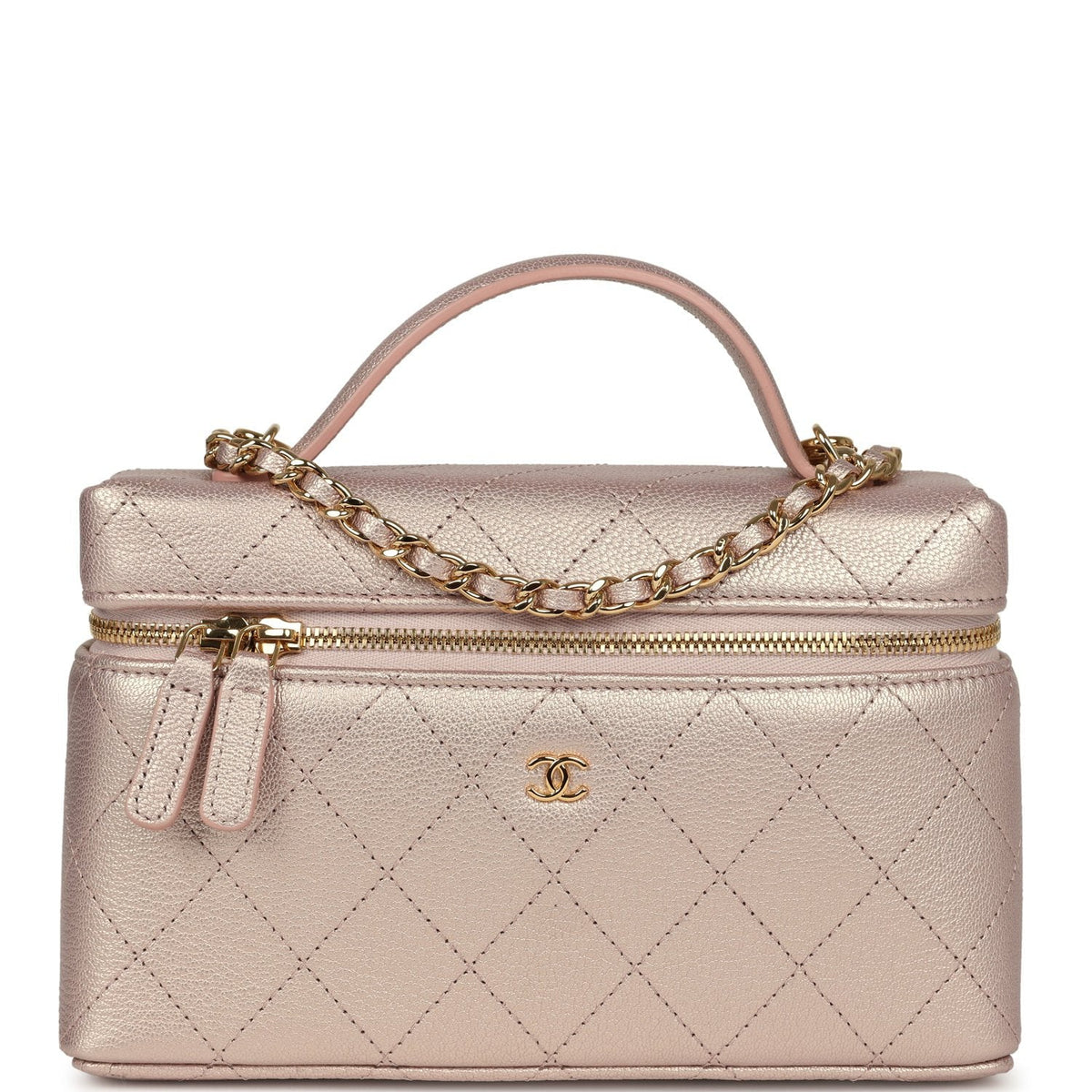 Chanel Top Handle Long Vanity Case with Chain Pink Iridescent Grained Goatskin Gold Hardware