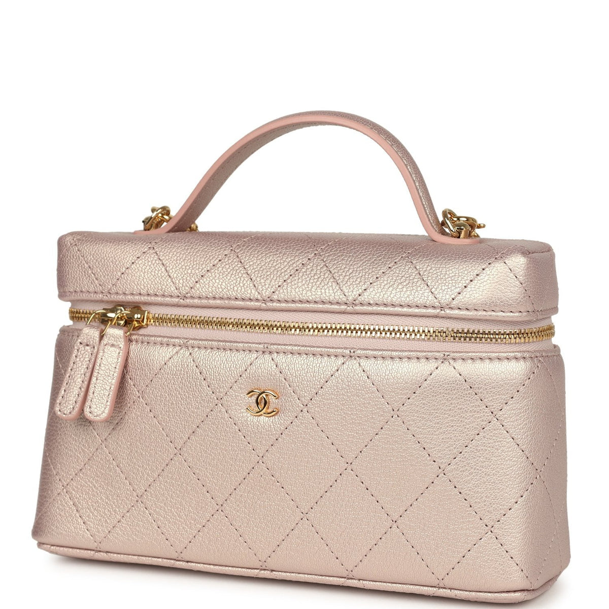 Chanel Top Handle Long Vanity Case with Chain Pink Iridescent Grained Goatskin Gold Hardware