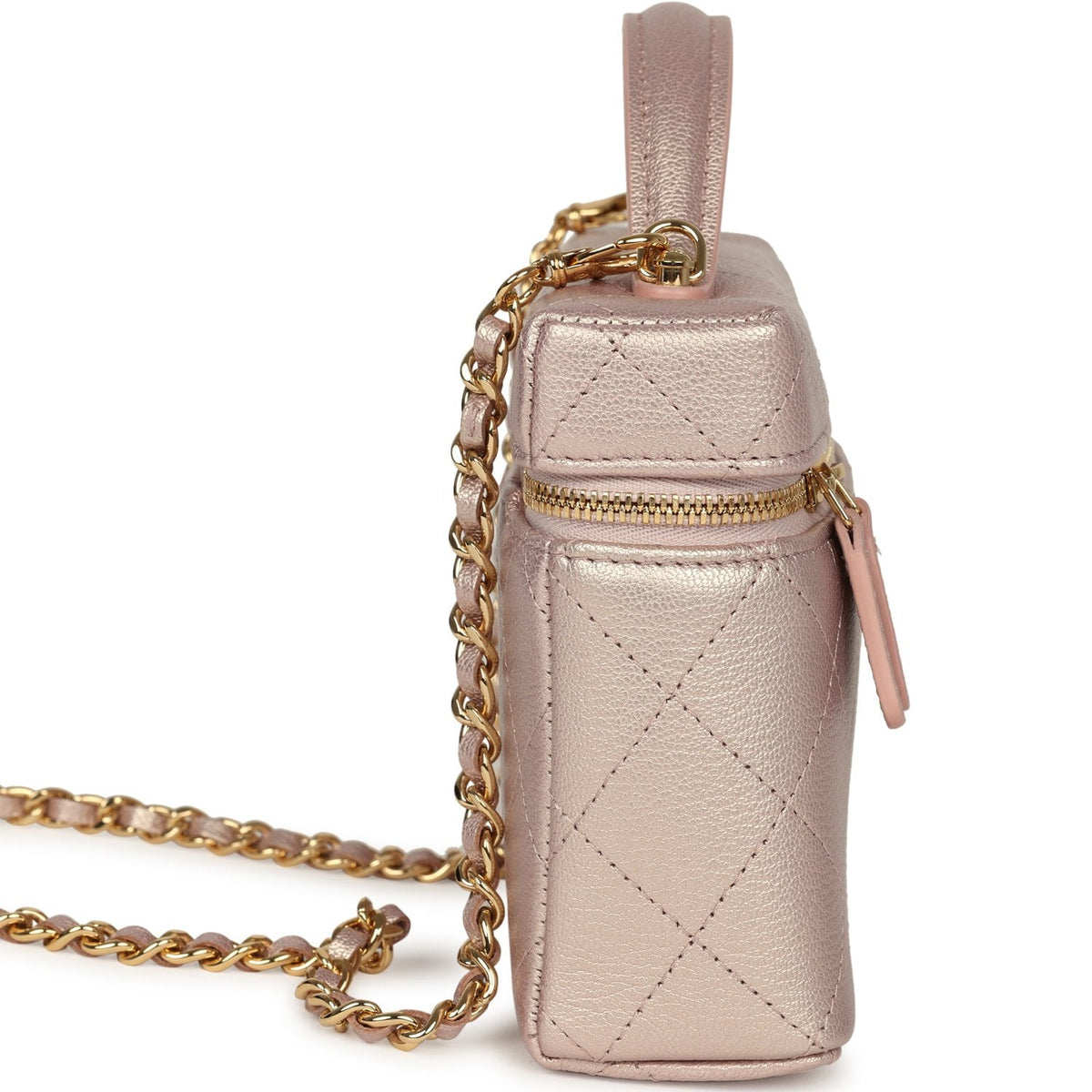 Chanel Top Handle Long Vanity Case with Chain Pink Iridescent Grained Goatskin Gold Hardware