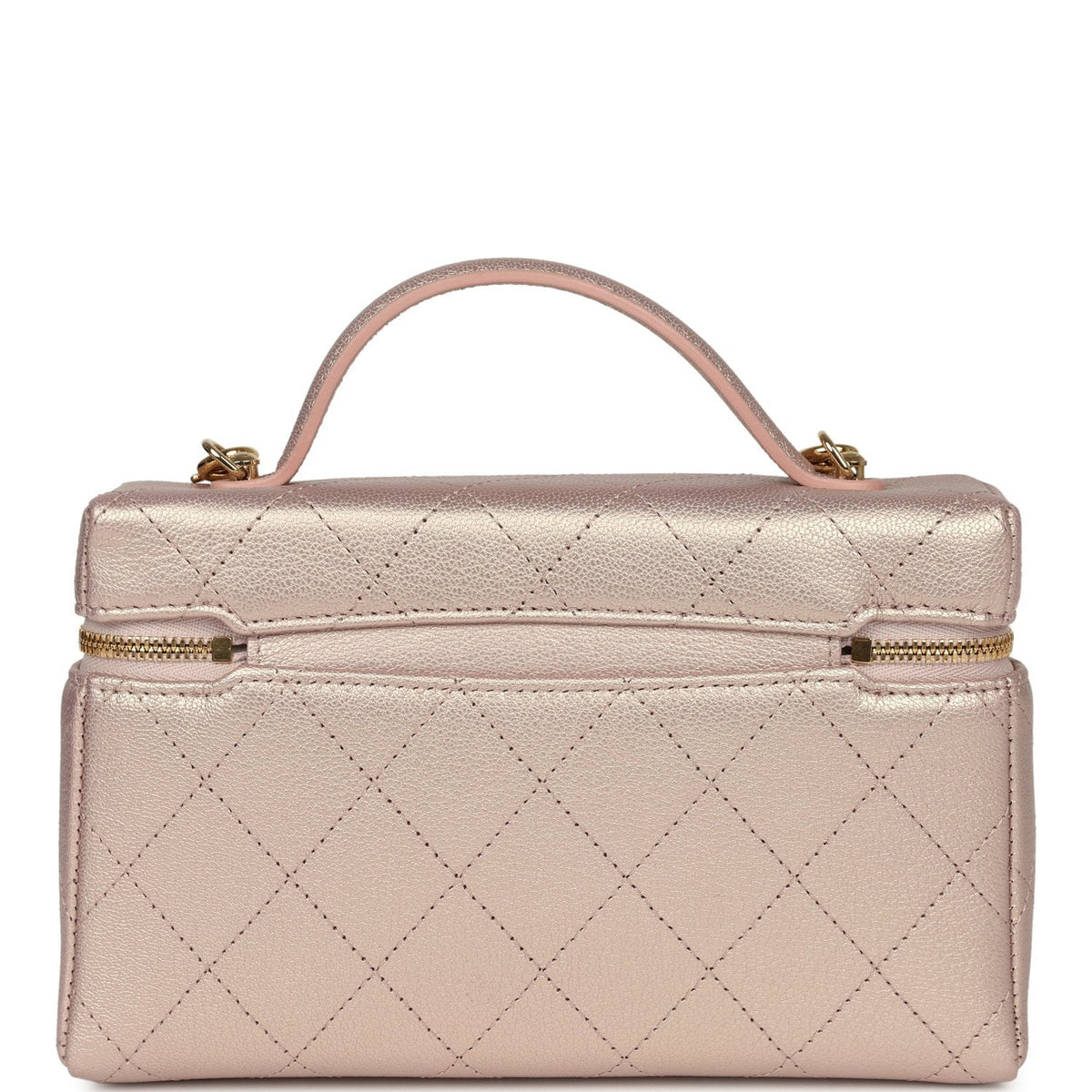 Chanel Top Handle Long Vanity Case with Chain Pink Iridescent Grained Goatskin Gold Hardware
