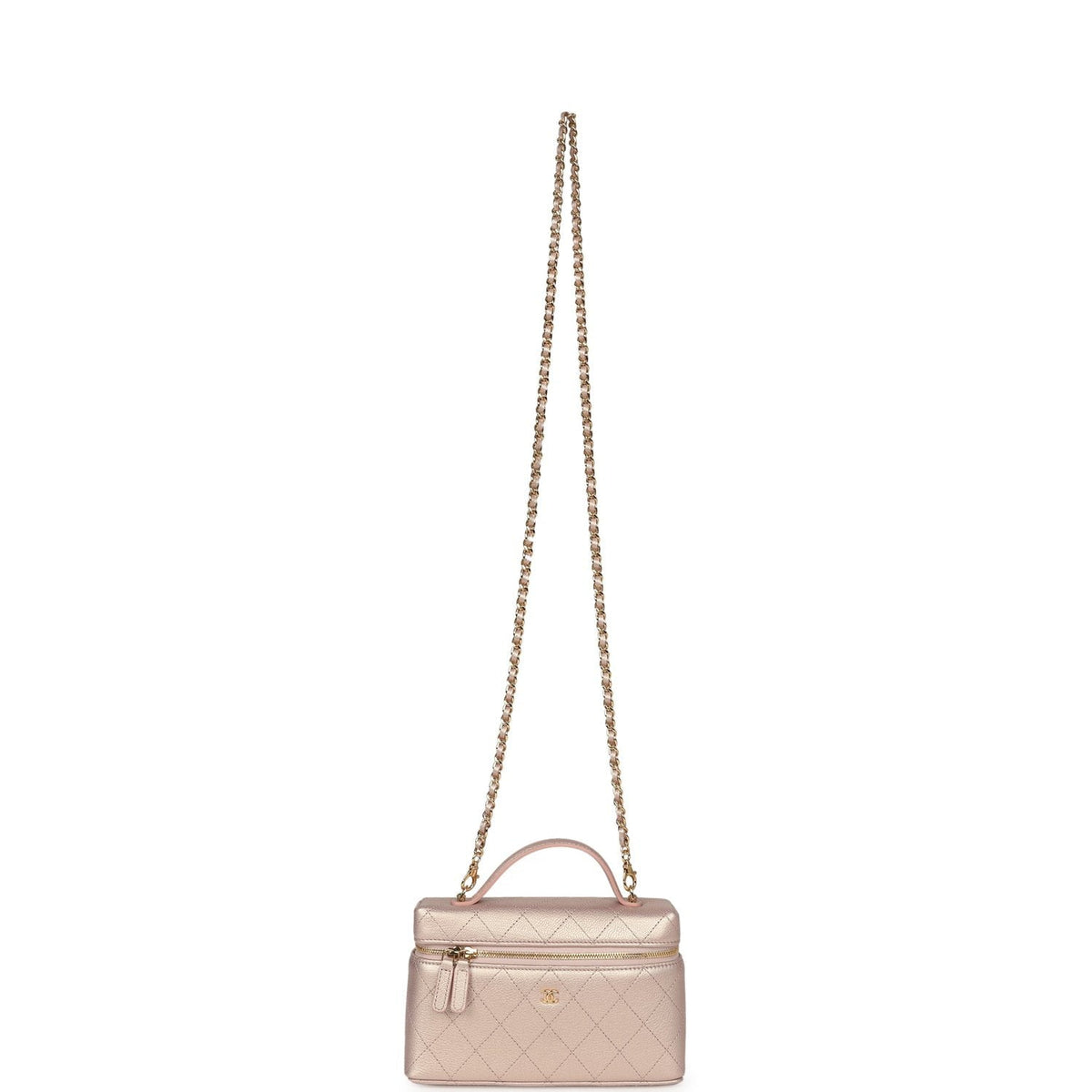 Chanel Top Handle Long Vanity Case with Chain Pink Iridescent Grained Goatskin Gold Hardware