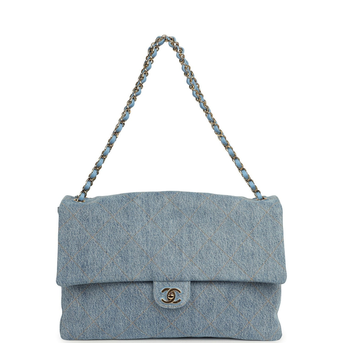 Chanel Maxi "Souplissimo" Large Flap Bag Blue Denim Gold Hardware