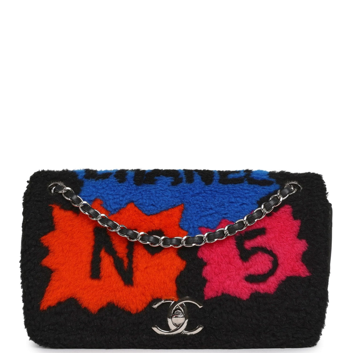 Pre-owned Chanel Medium "Supermarket Comic" Flap Bag Black, Multi Lambskin, Shearling Silver Hardware