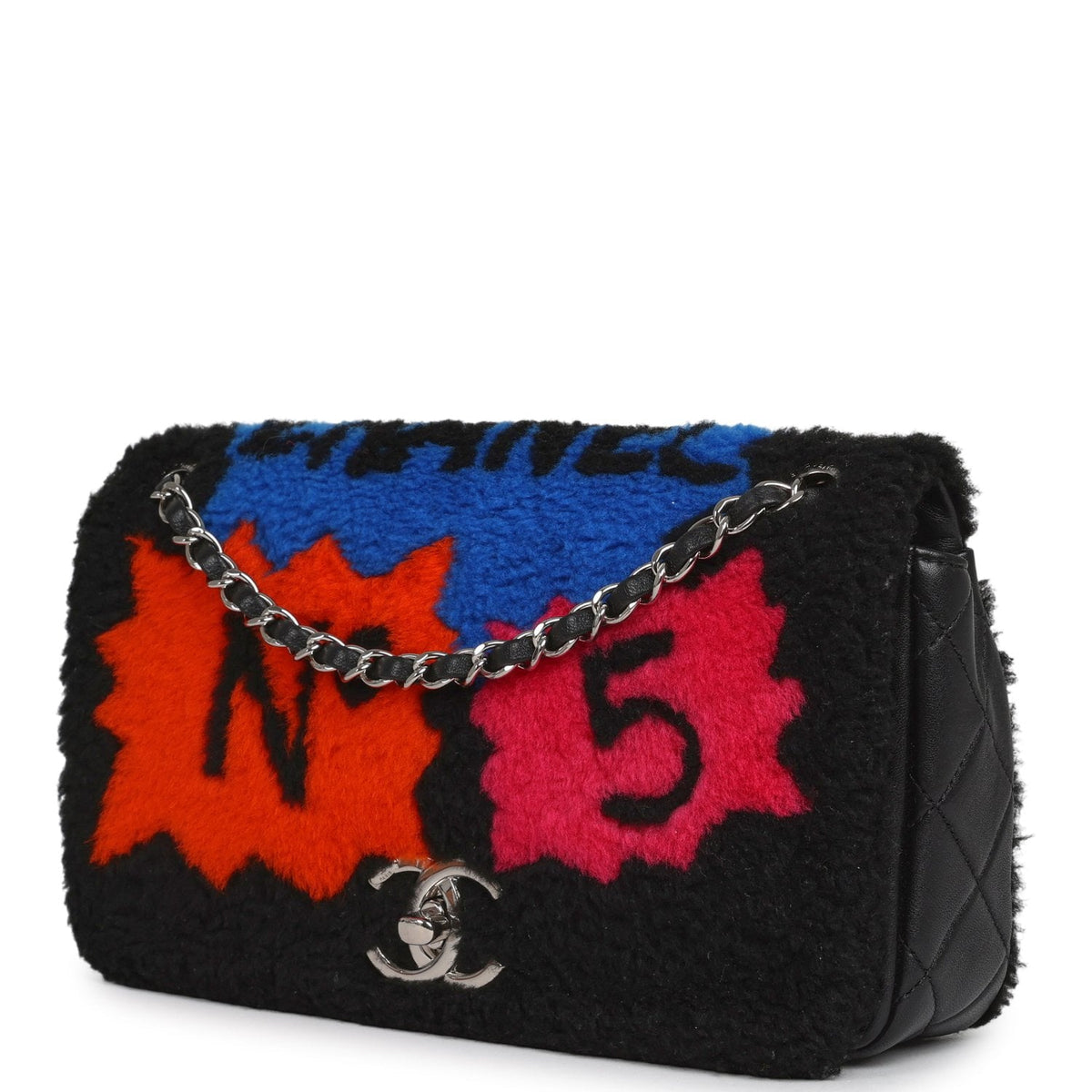 Pre-owned Chanel Medium "Supermarket Comic" Flap Bag Black, Multi Lambskin, Shearling Silver Hardware
