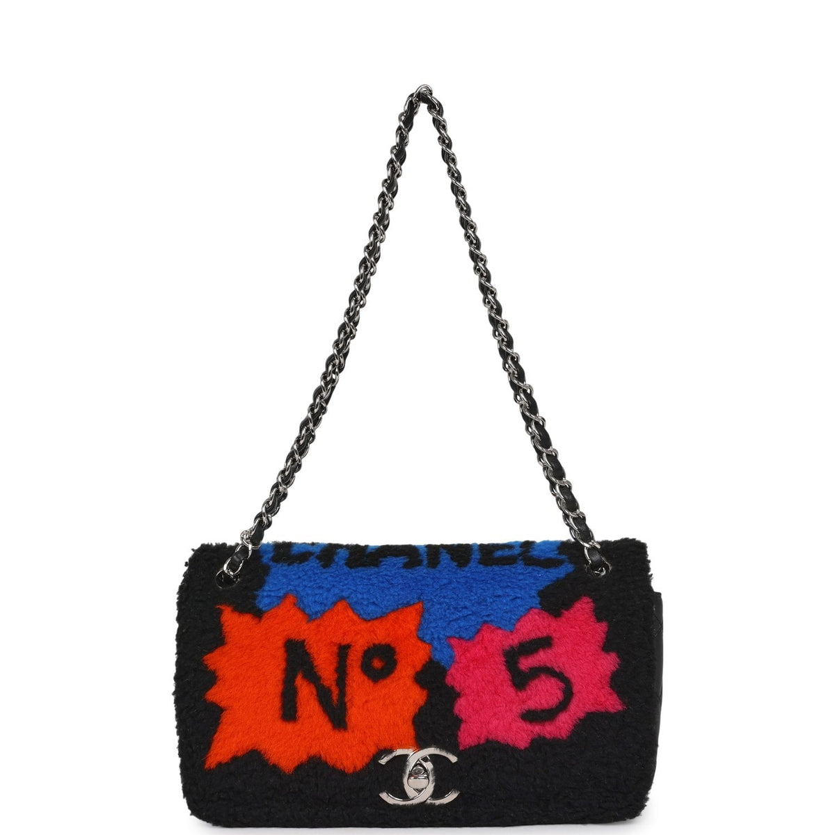 Pre-owned Chanel Medium "Supermarket Comic" Flap Bag Black, Multi Lambskin, Shearling Silver Hardware