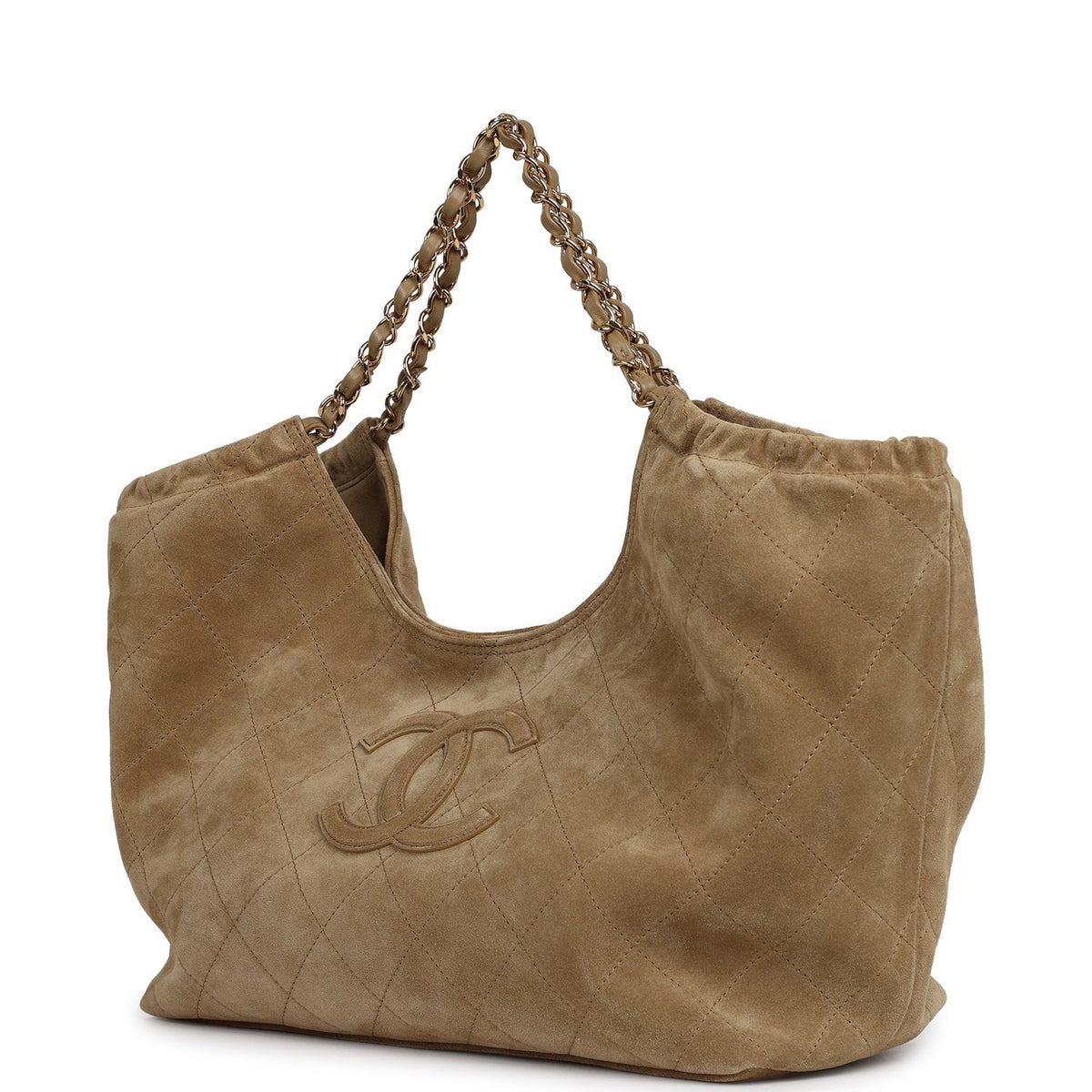 Chanel Small CC Cabas Hobo Bag Dark Beige Suede Gold Hardware