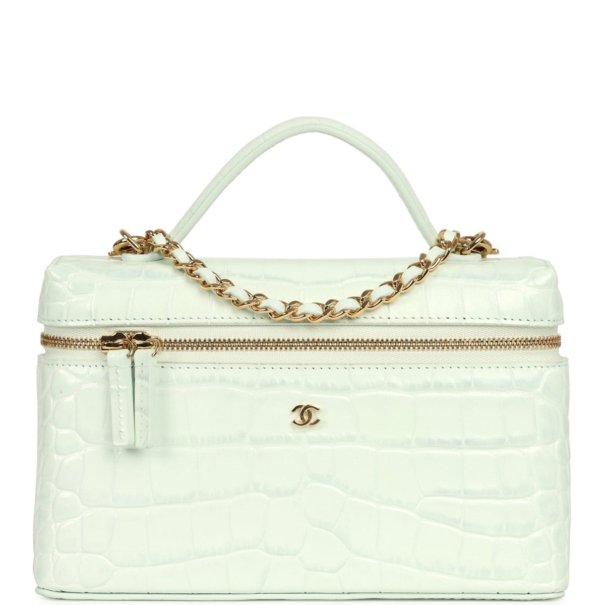 Chanel Top Handle Long Vanity Case with Chain Mint Croc Embossed Calfskin Gold Hardware