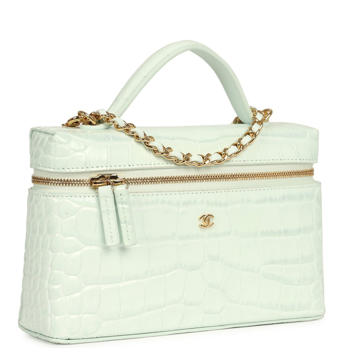 Chanel Top Handle Long Vanity Case with Chain Mint Croc Embossed Calfskin Gold Hardware
