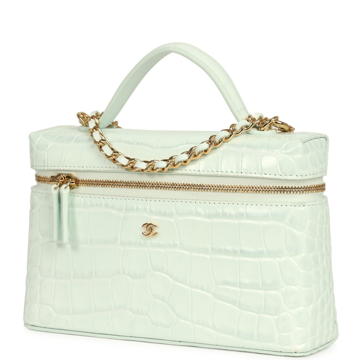 Chanel Top Handle Long Vanity Case with Chain Mint Croc Embossed Calfskin Gold Hardware