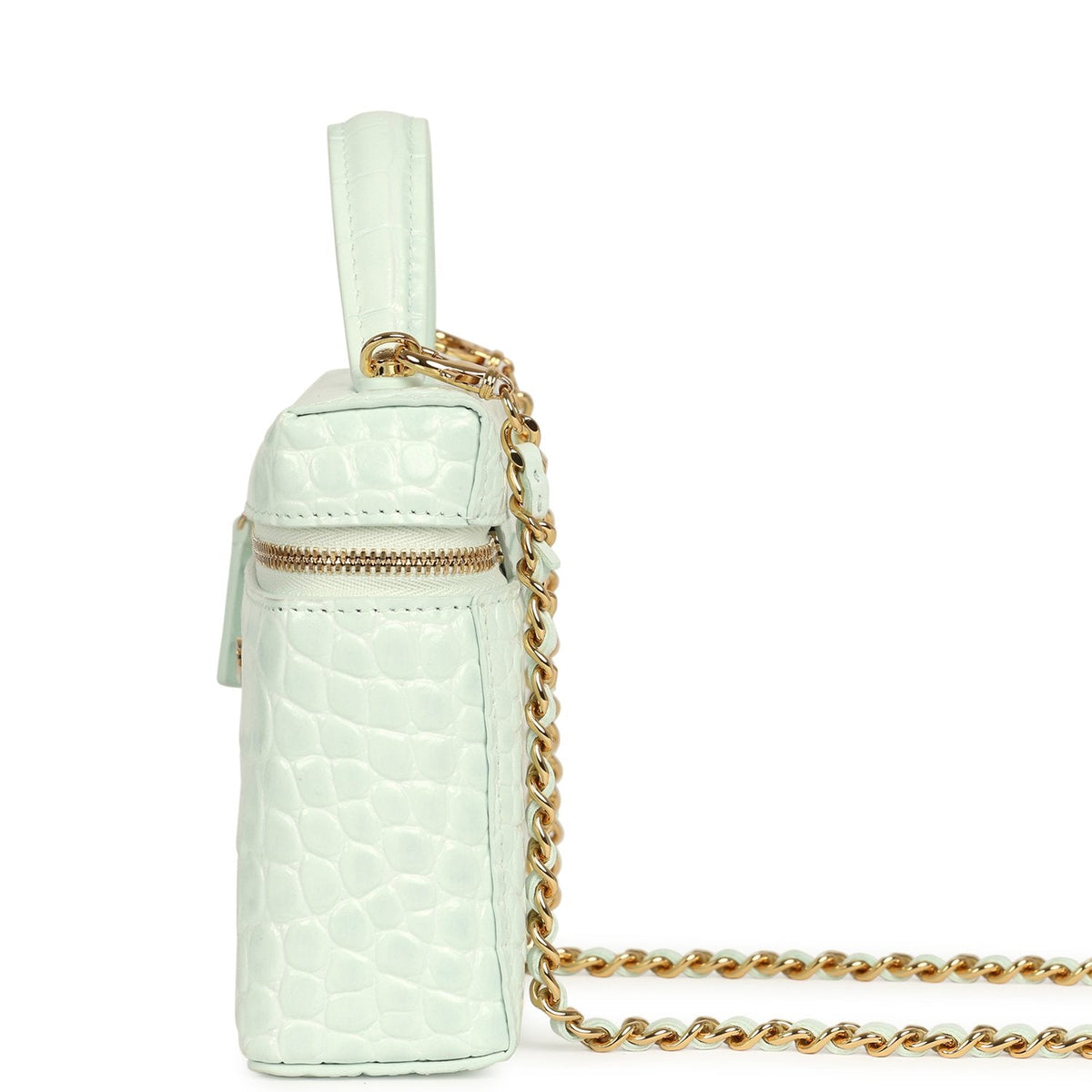 Chanel Top Handle Long Vanity Case with Chain Light Blue Croc Embossed Calfskin Gold Hardware