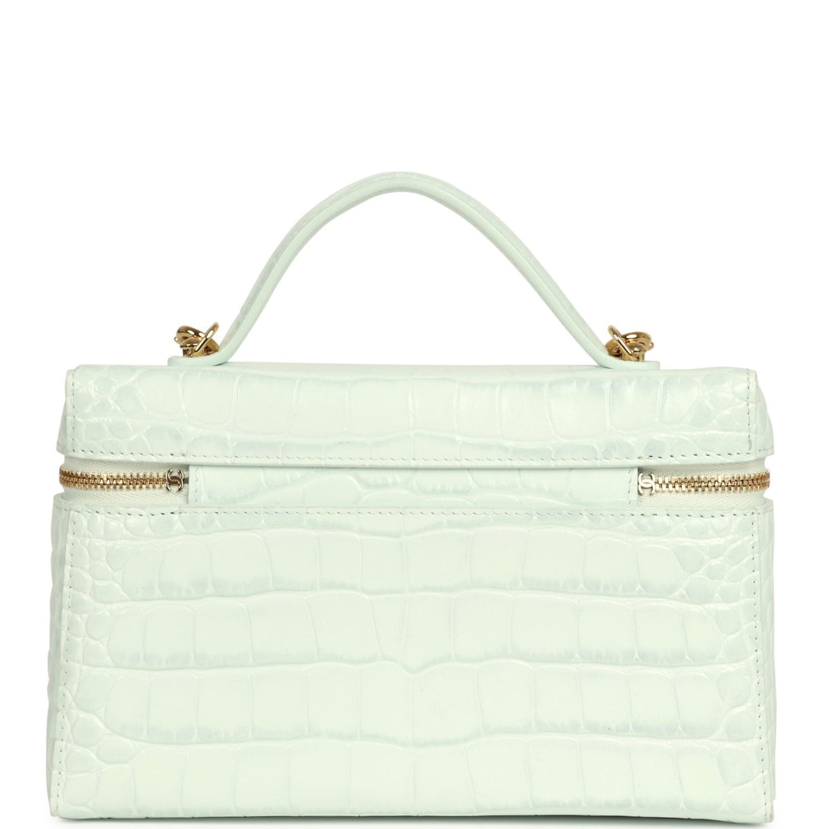 Chanel Top Handle Long Vanity Case with Chain Mint Croc Embossed Calfskin Gold Hardware