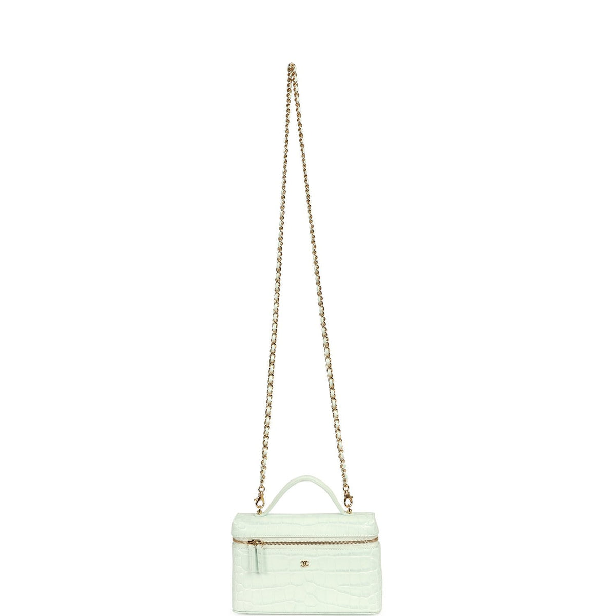 Chanel Top Handle Long Vanity Case with Chain Light Blue Croc Embossed Calfskin Gold Hardware