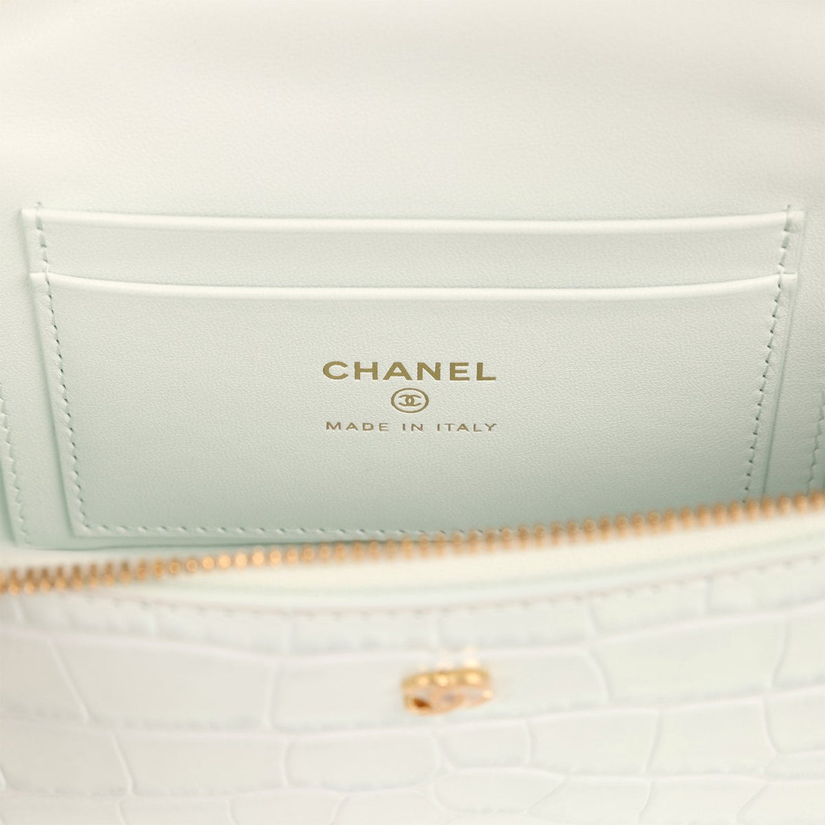 Chanel Top Handle Long Vanity Case with Chain Light Blue Croc Embossed Calfskin Gold Hardware