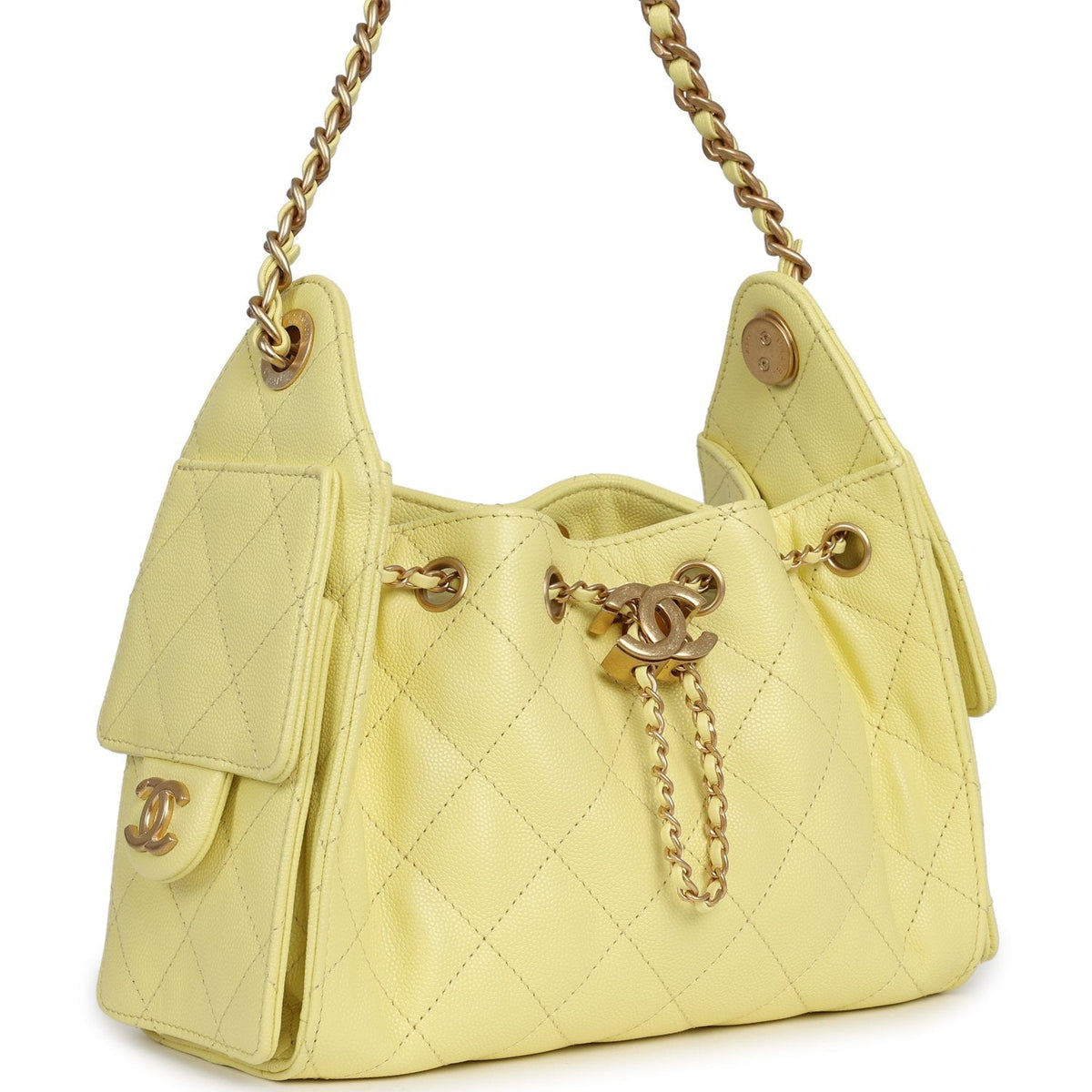 Chanel Mini 25 Hobo Bag Light Yellow Caviar Antique Gold Hardware