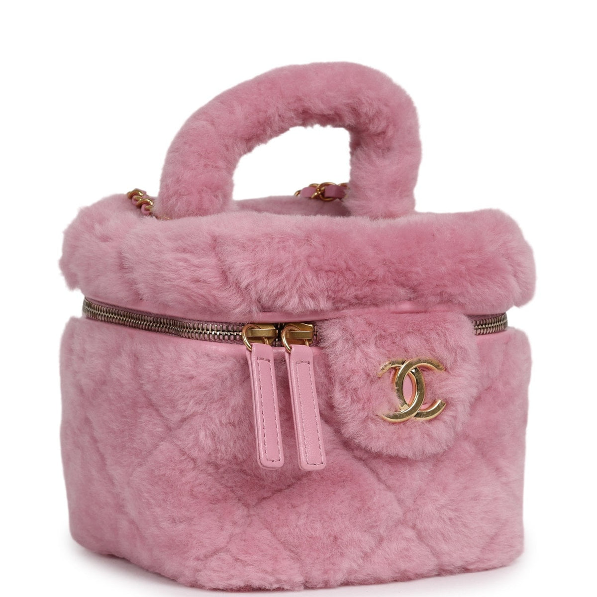 Pre-owned Chanel Small Top Handle Square Vanity Case With Chain Pink Shearling Lambskin Gold Hardware