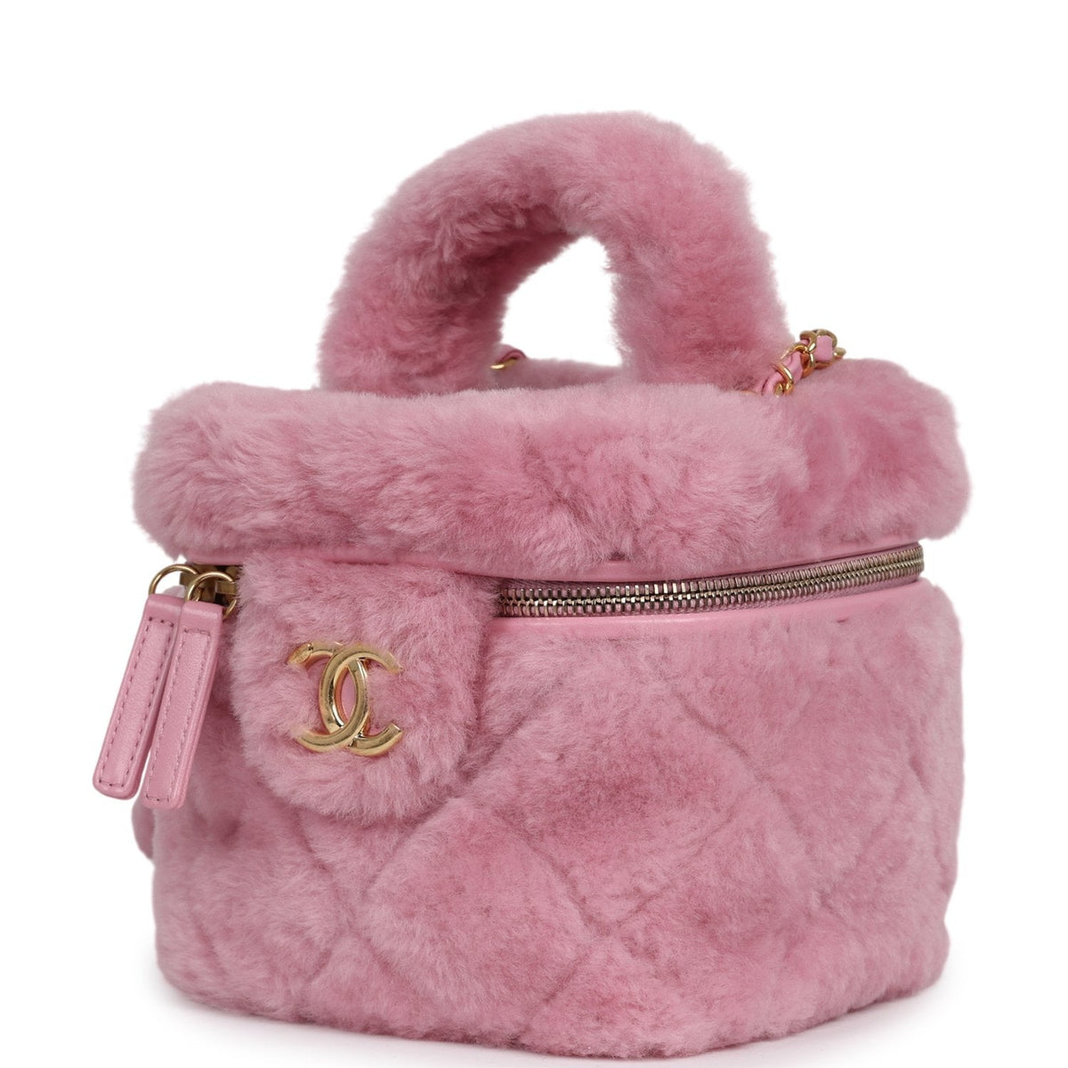 Pre-owned Chanel Small Top Handle Square Vanity Case With Chain Pink Shearling Lambskin Gold Hardware