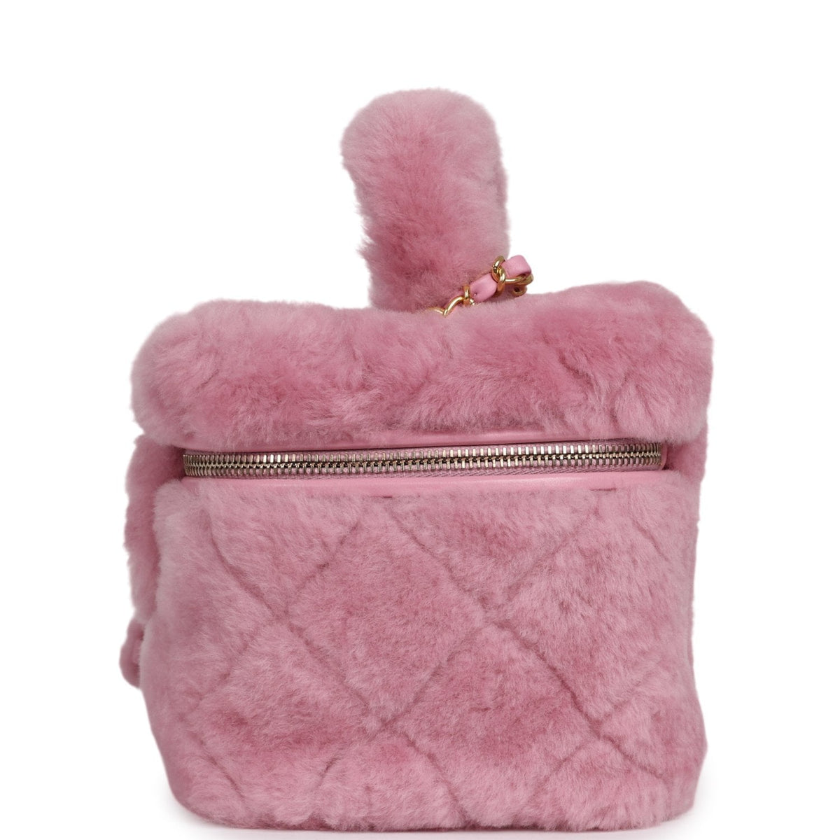 Pre-owned Chanel Small Top Handle Square Vanity Case With Chain Pink Shearling Lambskin Gold Hardware