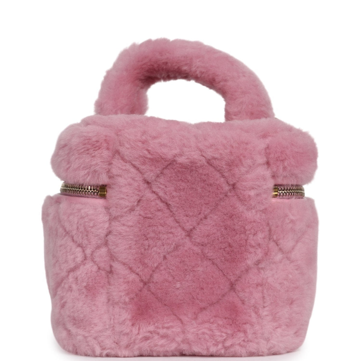 Pre-owned Chanel Small Top Handle Square Vanity Case With Chain Pink Shearling Lambskin Gold Hardware