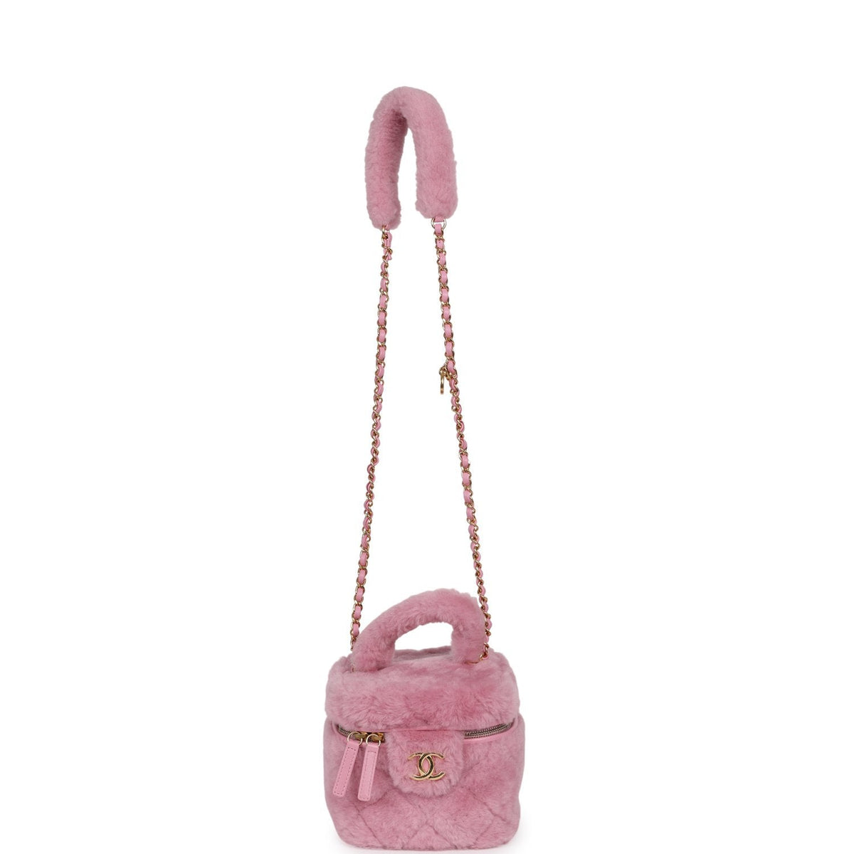 Pre-owned Chanel Small Top Handle Square Vanity Case With Chain Pink Shearling Lambskin Gold Hardware