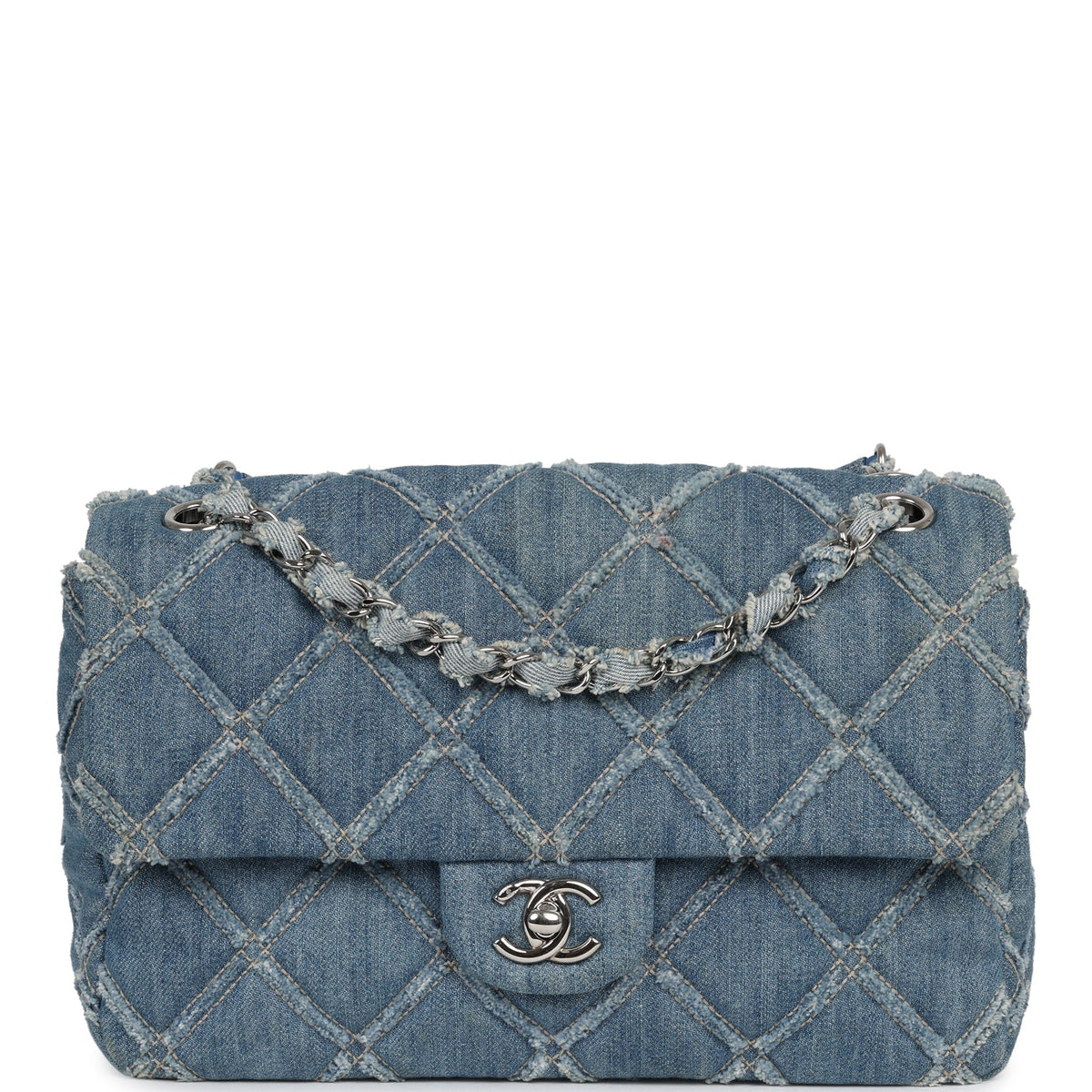 Pre-owned Chanel Medium Distressed Flap Bag Blue Denim Silver Hardware
