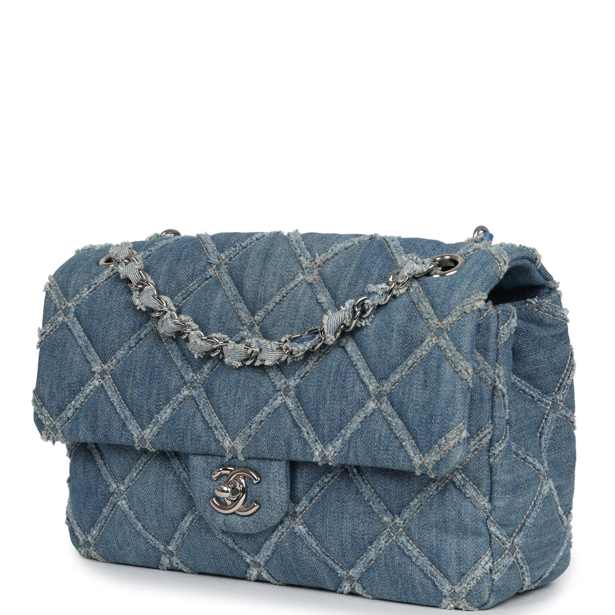 Pre-owned Chanel Medium Distressed Flap Bag Blue Denim Silver Hardware