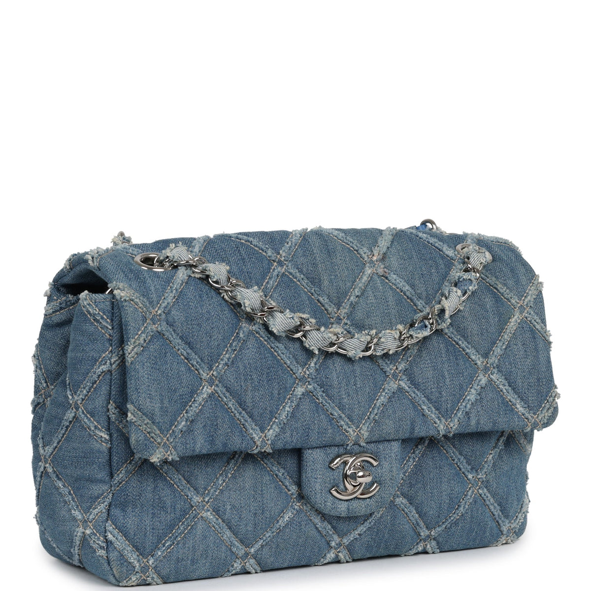 Pre-owned Chanel Medium Distressed Flap Bag Blue Denim Silver Hardware